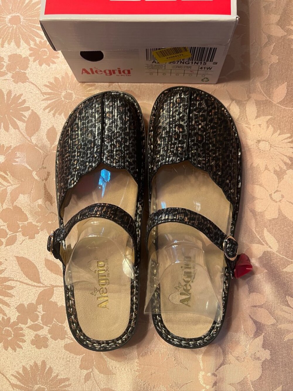 Algeria TUS-403 Tuscany Black Metallic Gold Leopard Print Mary Jane Clogs